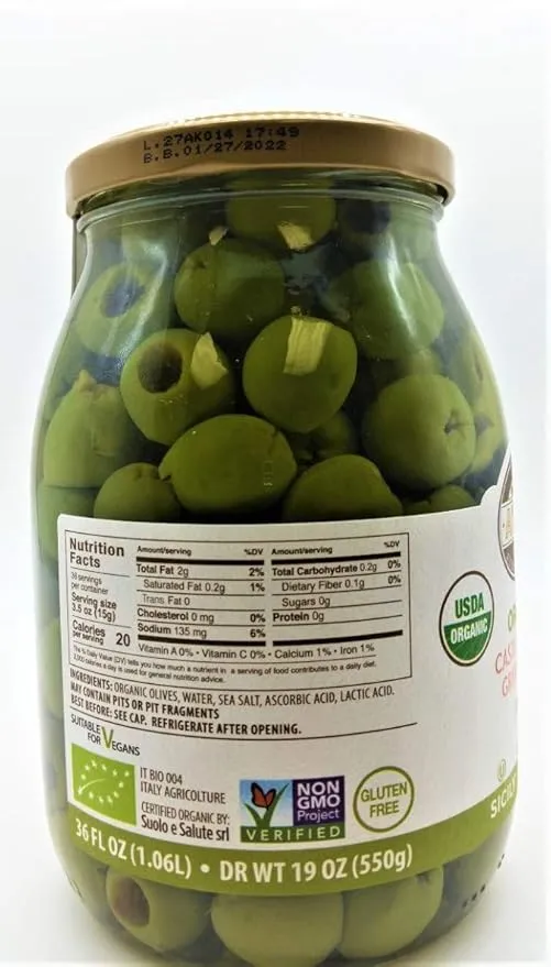 Asaro Organic Castelvetrano Green Pitted Olives, 33.8 Ounce Jar (4 Pack)