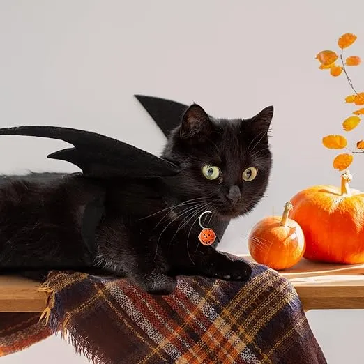 Cat Halloween Costumes, Cat Costumes, Small Dog alloween Costumes - Bat Wing with Pumpkin Bell for Pet Halloween Cosplay Party Dress Up Accessories