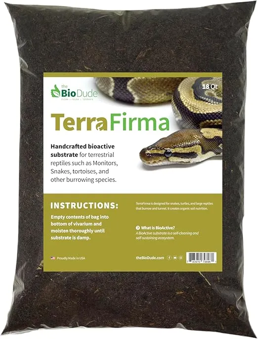The Bio Dude Terra Firma Reptile Substrate 18 quarts for bioactive terrariums, habitats and vivariums. Great for Ball Pythons, Milk Snakes, King Snakes, Corn Snakes and Blue Tongue Skinks