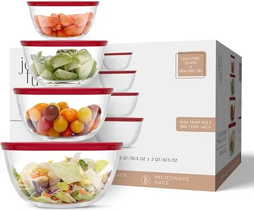 JoyJolt Kitchen Large Mixing Bowl Set - 8pc Glass with Lids Set – Neat Nesting/ Batter Bowl - Cooking Bowls - Storage Bowls with Lids and Big Salad Bowl with BPA-Free Lids