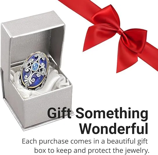 Lapis Lazuli Cocktail Statement Ring for Women ION Plated Yellow Gold Floral Blue Stainless Steel Christmas Gifts for Women