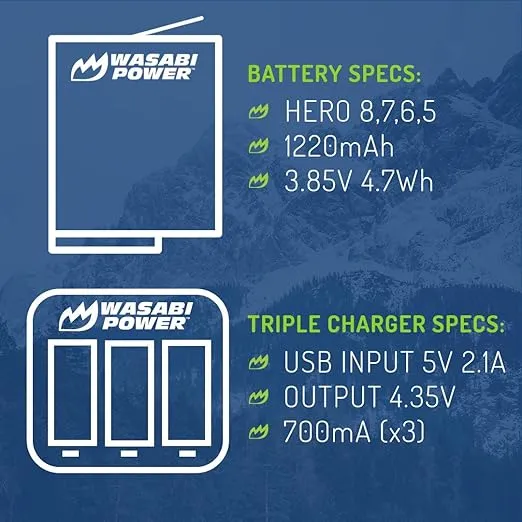 Wasabi Power Battery (3-Pack) and Triple Charger for GoPro Hero 8 Black (All Features Available), Hero 7 Black, Hero 6 Black, Hero 5 Black, Hero 2018, Fully Compatible with Original