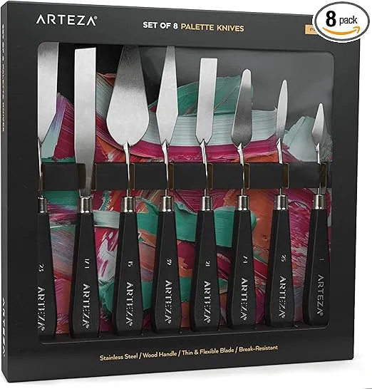 Arteza Palette Knives 8-Pack, Sizes No. 1, 25, 7, 15, 39, 23, 17, 21, Durable Stainless Steel Blade & Break-Resistant Wooden Handle, Art Supplies for Oil & Acrylic Painting