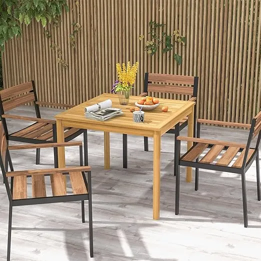 Tangkula Square Outdoor Dining Table, 4-Person Acacia Wood Dining Table with 1.9” Umbrella Hole, Farmhouse Patio Bistro Table, Indoor Outdoor Dining Furniture for Yard Deck Lawn