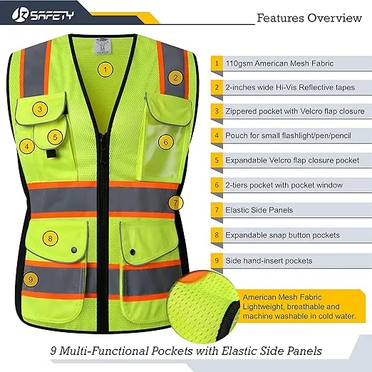 JKSafety 9 Pockets Women Hi-Vis Reflective Safety Vest | Mesh Neon Yellow | Reflective Strips with Orange Extended Trims | ANSI Compliant (168-Yellow, L)