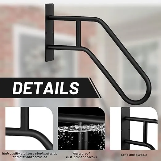 Outdoor Handrail for 1-3 Step Stairs 28.7" Length Wall Mount Hand Rail Garage Railing Matte Black Finished Stair Railing Handrails for Outdoor Steps Garage Porch Garden Safety Grab Bar