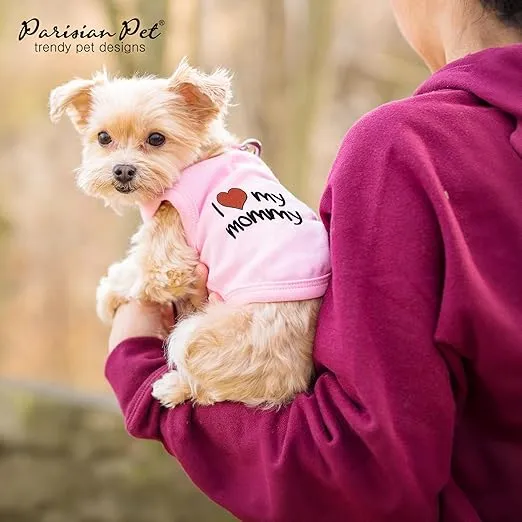 Parisian Pet Dog T-Shirt with Embroidered 'I Love My Mommy' Words - 100% Cotton, Pink Dog Shirt - Sleeveless Pet Vest - Machine Washable Dog Clothes for Medium-Sized Dogs, M