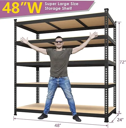 Prilinex Heavy Duty Storage Shelves 48" W x 24" D x 72" H - 5-Tier Adjustable Metal Garage Shelving Unit, Standing Utility Shelf Racks for Pantry Warehouse Kitchen, Black