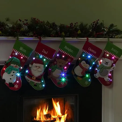 Personalized Planet Snowman Christmas Stocking with LED Lights and Custom Name Embroidery | 3-D Character Stocking with Colorful Twinkling Lights | Green Cuff | Festive Home Décor | Ready to Hang