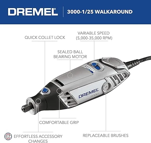 Dremel 3000-1/25 Variable Speed Rotary Tool Kit - 1 Attachment & 25 Accessories - Ideal for Routing, Metal Cutting, Wood Carving, Polishing, Grinding, and Engraving