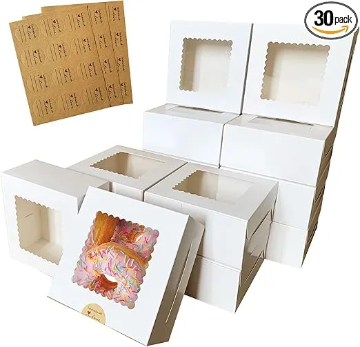 30Pcs White Bakery Boxes with Window, 6x6x3 Inches Cardboard Cookie Boxes, Premium Sturdy Dessert Boxes Treat Boxes for Cookies, Pastries, Muffins