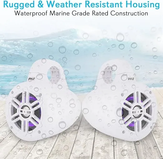 Pyle Waterproof Marine Wakeboard Tower Speakers - 4in Dual Subwoofer Speaker Set w/LED Lights & Bluetooth for Wireless Music Streaming - Boat Audio System w/Mounting Clamps PLMRLEWB47WB (White)