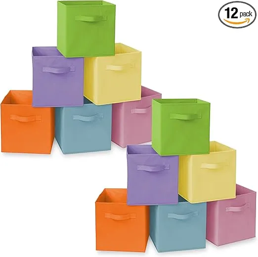 Casafield Set of 12 Collapsible Fabric Cube Storage Bins, Multicolor - 11" Foldable Cloth Baskets for Shelves, Cubby Organizers & More