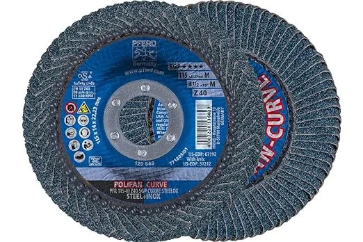 PFERD POLIFAN®-Curve Radial Type Flap Disc - 4-1/2" x 7/8", 40 grit Zirconia, Welding Accessory and Angle Grinder Attachment - For Steel and Stainless Steel (INOX) Grinding - Pack of 1 - Part 67192