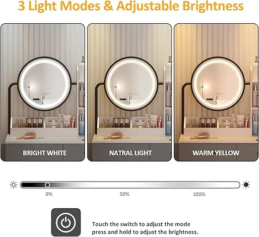 Vabches Makeup Vanity with Round Mirror and Lights, White Vanity Makeup Table with Charging Station, Small Vanity Table for Bedroom, 3 Lighting Modes, 31.5in(L)
