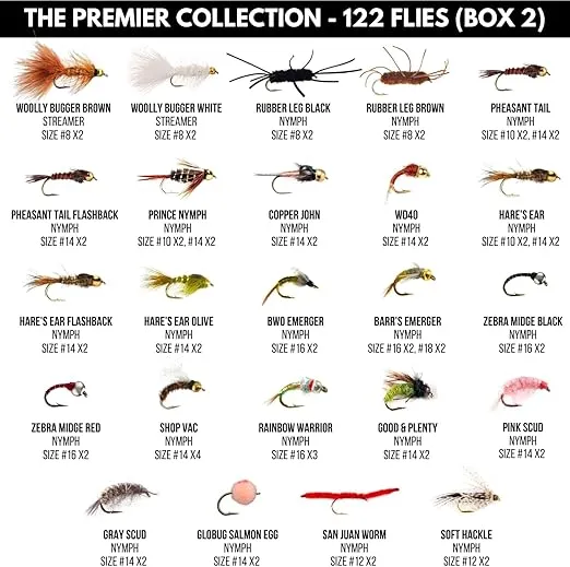 Ventures Fly Co. | 122 Premium Hand Tied Fly Fishing Flies Assortment | Two Fly Boxes Included | Dry, Wet, Nymphs, Streamers, Wooly Buggers, Terrestrials | Trout, Bass Lure Set, Kit, Gift