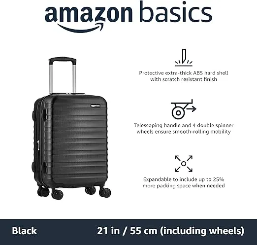 Amazon Basics Suitcase, Hardside Luggage with Spinner Wheels, Scratch-Resistant Surface, Black, 21-Inch