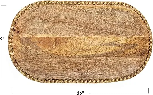 Creative Co-Op 16 Inches Hand-Carved Mango Wood Beads, Natural and Gold Finish Tray