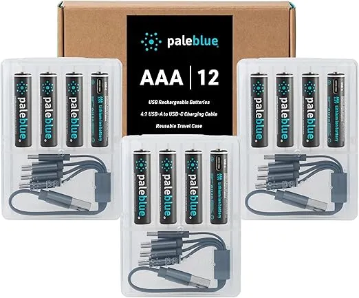 USB Rechargeable AAA Batteries by Pale Blue, Lithium Ion 1.5v 600 mAh, Charges Under 1 Hour, Over 1000 Cycles, 4-in-1 USB-A to USB-C Charging Cable, LED Charge Indicator, 12-Pack