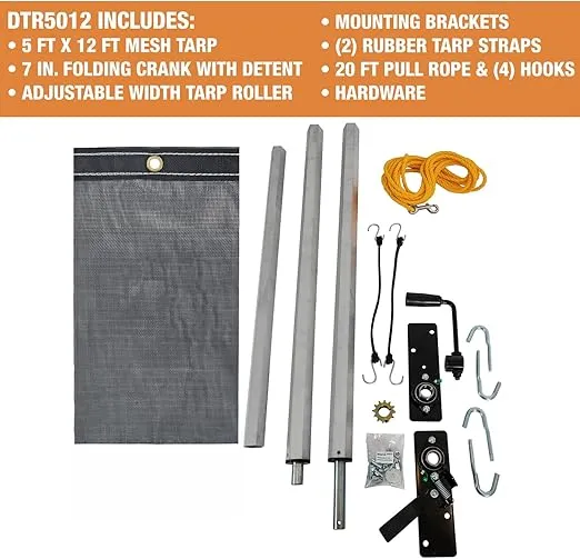Buyers Products DTR5012 Manual Aluminum Tarp System, 5 FT x 12 FT Mesh Tarp, Without Deflector, Dump Body Tarp Kit, Dump Trailer Accessories, Dump Body Accessories