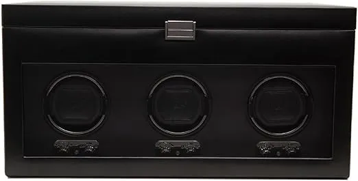 WOLF Heritage Triple Winder with Storage, Black - Secure Fit with Patented Lock-in Dynamic Cuff - for Bigger, Heavier Watches - Vegan Leather & Glass Cover - Includes Universal Adapter