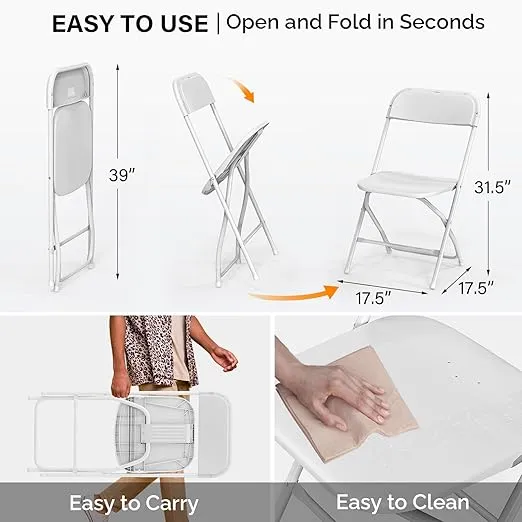 VINGLI 4 Pack White Plastic Folding Chair, Indoor Outdoor Portable Stackable Commercial Seat with Steel Frame 350lb. Capacity for Events Office Wedding Party Picnic Kitchen Dining