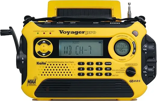 Kaito Voyager Pro KA600 Digital Solar Dynamo Crank Wind Up AM/FM/LW/SW & NOAA Weather Emergency Radio with Alert, RDS & Smart Phone Charger, Yellow