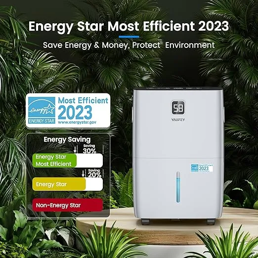 Yaufey 120 Pints Energy Star Dehumidifier for Home, Basement and Large Room up to 6000 Sq. Ft., with Drain Hose, Timer, Intelligent Humidity Control and Large Water Tank