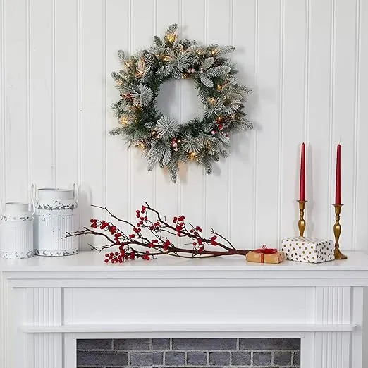 Nearly Natural 20in. Flocked Mixed Pine Artificial Christmas Wreath with 50 LED Lights, Pine Cones and Berries