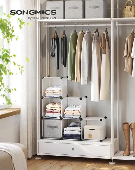 SONGMICS 6 Cube Storage Organizer, DIY Closet Shelf, Plastic Clothes Organizer, Modular Bookcase, 11.8 x 11.8 x 11.8 Inch Cubes, with Feet and Rubber Mallet, White ULPC06W