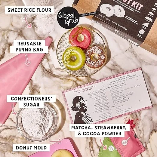 Global Grub DIY Morimoto Mochi Donut Kit - Includes Mochi Donut Mold, Reusable Piping Bag, Sweet Rice Mochi Flour, Confectioners’ Sugar, Strawberry Powder, Cocoa Powder & Matcha Green Tea Powder, Step-by-Step Instructions, Master Chef Approved, Makes 18