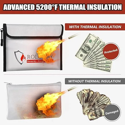ROLOWAY Fireproof Bag (9.6 x 6.6 inches) 5200°F Heat Insulated, Fireproof Money Bag with Zipper for Cash, Fireproof Safe Bank Bag, Fireproof Money Organizer for Cash (2-Pack)