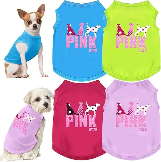 4 Pack Dog Shirt Vest Soft Lightweight Puppy Tshirt Cute Pink Dog Printed Small Dog Clothes Summer Sleeveless Yorkie Chihuahua Teacup Clothes for Small Dogs Cats Girl Boy