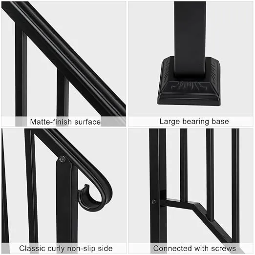 3 Steps Handrails for Outdoor Steps Black Wrought Iron Stair Railing Transitional Hand Rails with Installation Kit