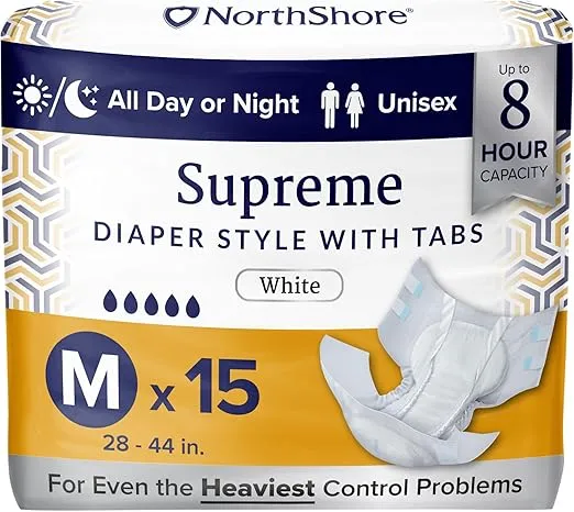 NorthShore Supreme Tab-Style Briefs for Men and Women (White, Medium, 15 Count)