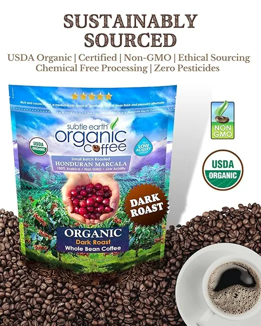 Subtle Earth Organic Coffee - Dark Roast - Whole Bean Coffee - 100% Arabica Beans - Low Acidity and Non-GMO - 2lb bag