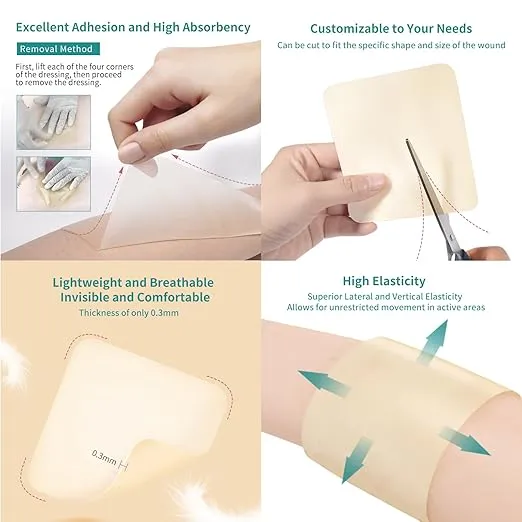 Dimora Hydrocolloid Wound Dressing, 10 Pack Ultra Thin 4" x 4" Large Patch Bandages with Self-Adhesive, Fast Healing for Bedsore, Burn, Blister, Acne Care, Sterile and Waterproof