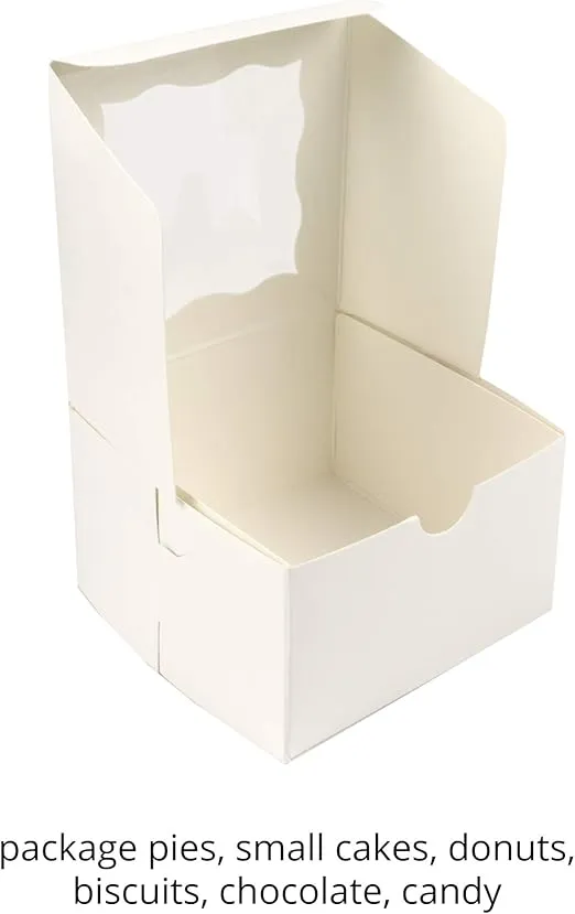 O'CREME [25 Pack Small Bakery Cake Boxes With Window, 4x4x2.5, Cupcakes Donuts Cookies Pastries, For Wedding Treats Party Favors Showers Gift, White Paper Kraft Cardboard Mini Packaging Containers