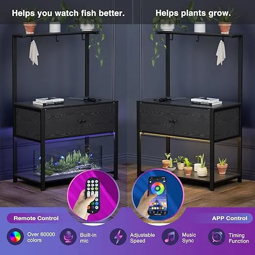 Fienveorn 40-50 Gallon Fish Tank Stand with LED Light Power Outlets,Heavy Duty Metal Aquarium Stand with Storage Shelf and Moveable Hooks,Turtle Reptile Terrariums Stand,Black