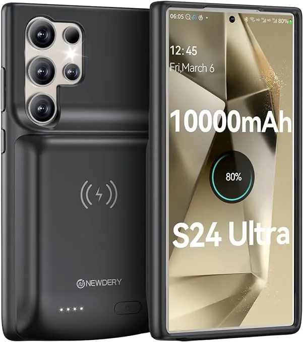 NEWDERY Battery Case for Samsung S24 Ultra,10000mAh Qi Wireless Charging, Fast Charging, Sync Data Supported, Portable Rechargeable Charger Case Battery Pack for Galaxy S24 Ultra 5G 6.8“