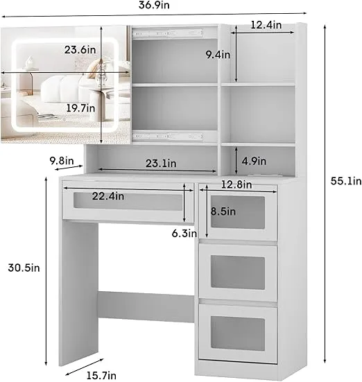 Makeup Vanity Desk with Sliding Mirror and Lights, 4 Drawers & Charging Station, LED Light, Vanity Table with Adjustable Brightness & 3 Colour Light Modes, Dresser Desk and Cushioned Stool Set, White