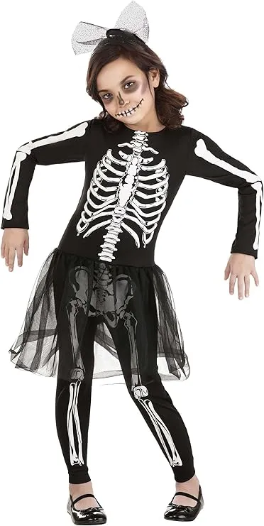Girl's Skeleton Costume with Tulle Skirt Jumpsuit, Headband, and Bone Details
