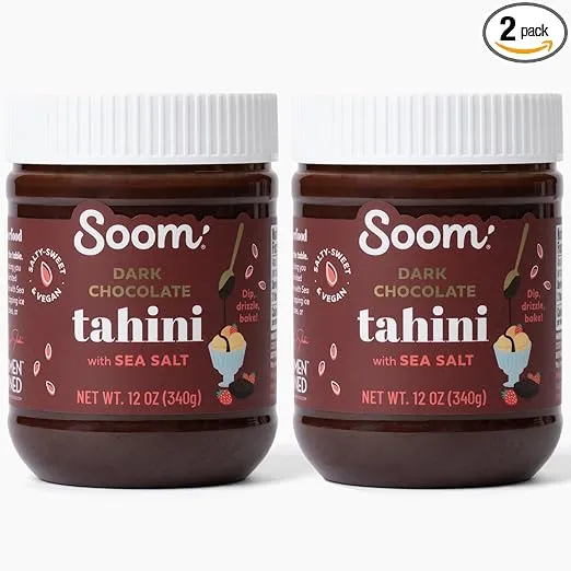 Soom Foods Dark Chocolate Sea Salt Tahini Spread 12oz (Pack of 2) | Silky Smooth Texture for Baking, Desserts, Hummus | Vegan, Nut-Free, Gluten-Free