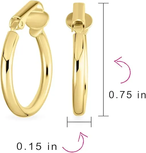 Wide Large Medium Hammered or Simple Tube Hoop Clip On Earrings For Women Teen 14K Yellow Rose Gold Plated .925 Sterling Silver Hinge .75-1 Inch Diameter
