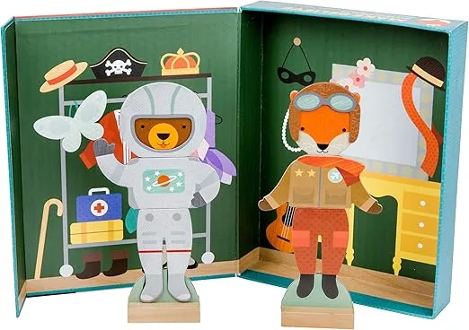 Petit Collage Magnetic Dress Up, Make-Believe Animal Costumes – Game Board with Mix and Match Pieces, Ideal for Ages 3+ – Includes 2 Dolls and 35 Creative Magnetic Pieces