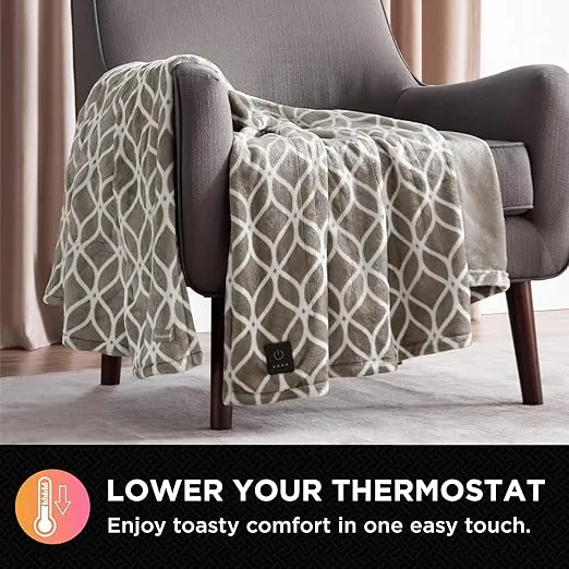 Brookstone Heated Plush Throw Heated Blanket Throw - Heated Throw Blanket Electric - Heated Blankets - 4 Heat Settings, 4-Hour Auto Shut Off, 100% Polyester, 50"x60" - Taupe Trellis