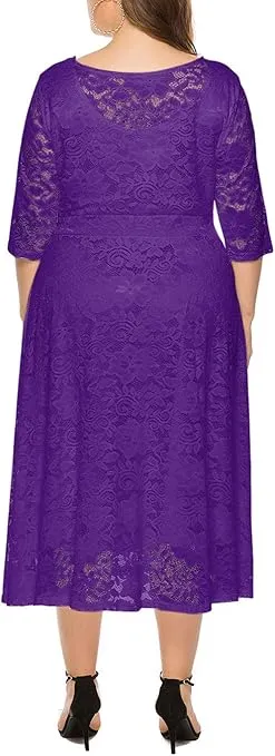 Eternatastic Womens Floral lace Plus Size Midi Dress Scooped Neckline Cocktail Party Dress
