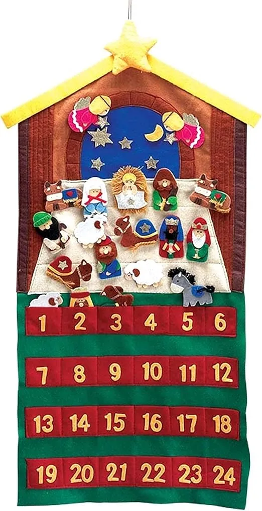 Dicksons Nativity Theme Crimson, Gold Tone and Fern 12 x 29 Felt 24-Piece Children's Christmas Advent Calendar