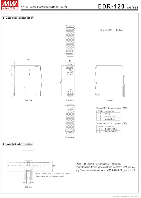 MEAN WELL EDR-120-24 Single Output DIN Rail Power Supply 24V 5 Amp 120W