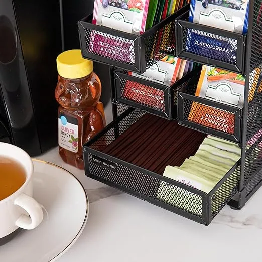 Mind Reader Tea Bag Organizer, Tea Station Organizer, Countertop Storage, Kitchen, Metal Mesh, 7" L x 6.75" W x 10" H, Black